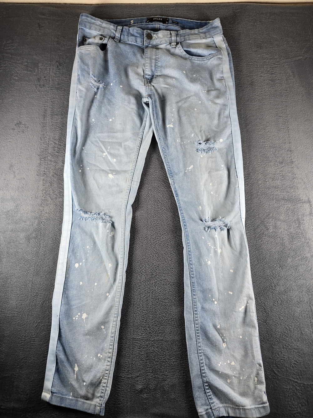 Spark Mens Jeans 34x34 Distressed Ripped Paint Splatter Light Wash Streetwear